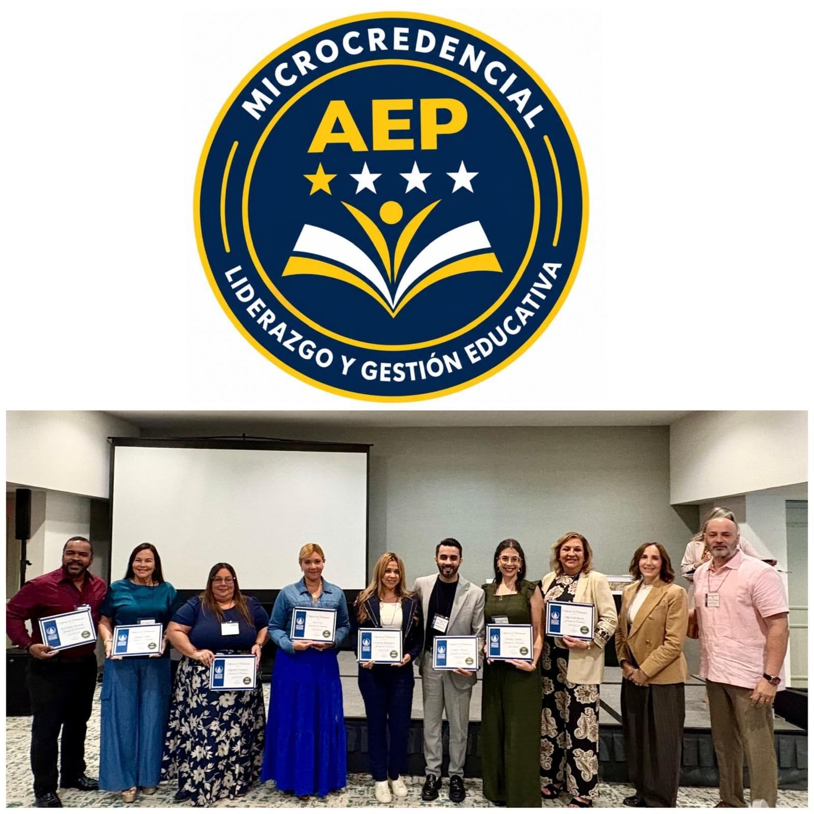 Sello de la Microcredencial AEP en Liderazgo y Gestión Educativa y grupo de participantes certificados (abre a tamaño completo en una pestaña nueva)